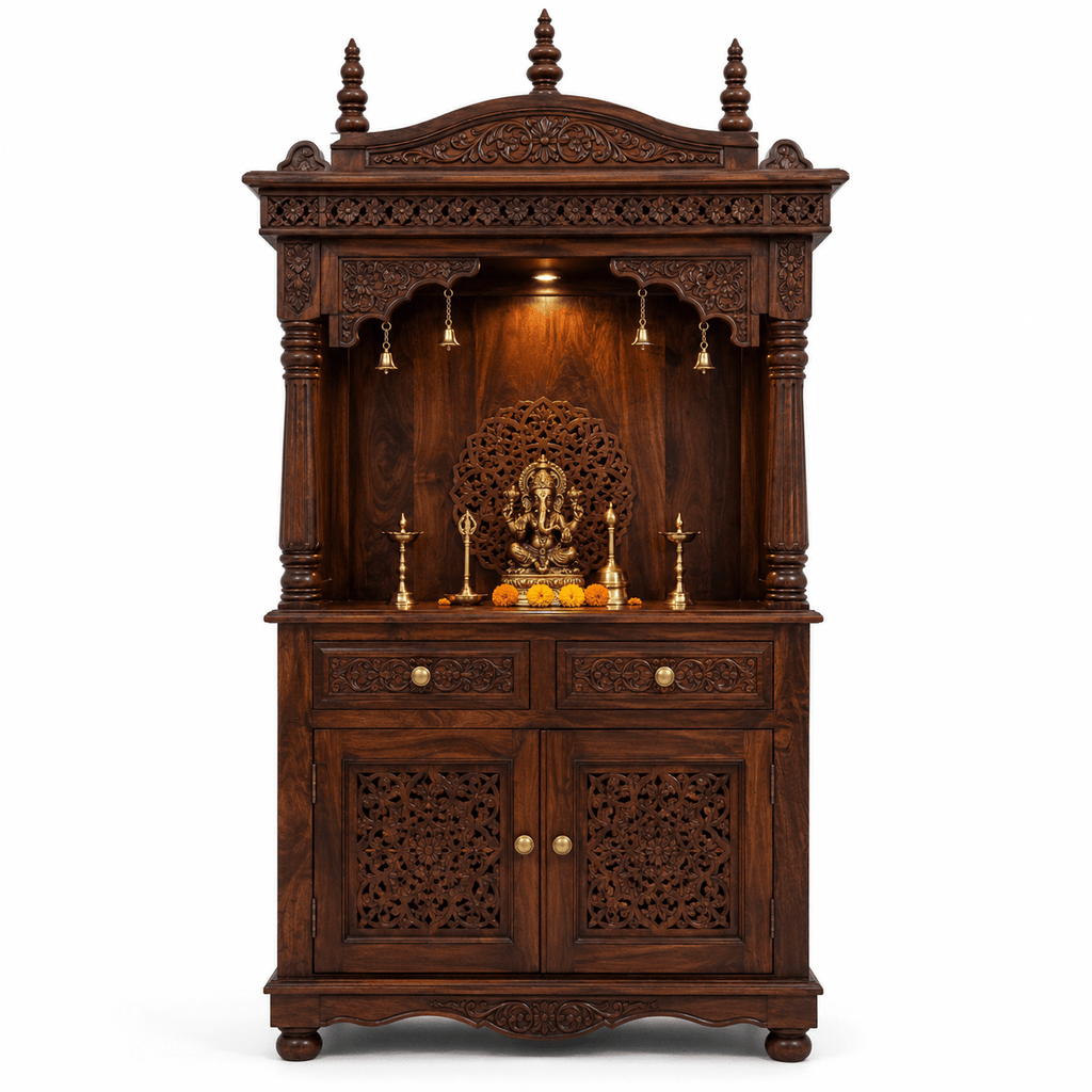 Solid mango wood handcrafted home temple with decorative carved canopy, storage drawers, and walnut finish by Bombay Home Decor LLC.