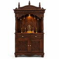 Solid mango wood handcrafted home temple with decorative carved canopy, storage drawers, and walnut finish by Bombay Home Decor LLC.