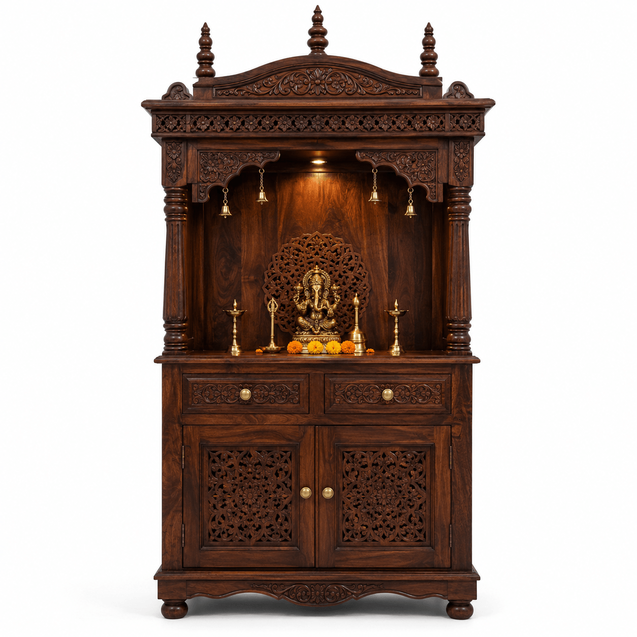 Solid mango wood handcrafted home temple with decorative carved canopy, storage drawers, and walnut finish by Bombay Home Decor LLC.