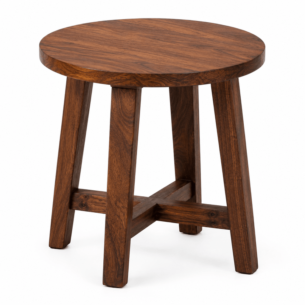 Handcrafted solid acacia wood round accent side table with walnut finish for living room or bedroom by Bombay Home Decor LLC.