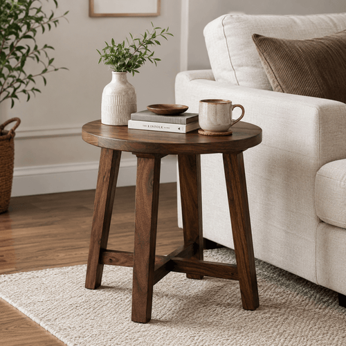 Handcrafted solid acacia wood round accent side table with walnut finish for living room or bedroom by Bombay Home Decor LLC.