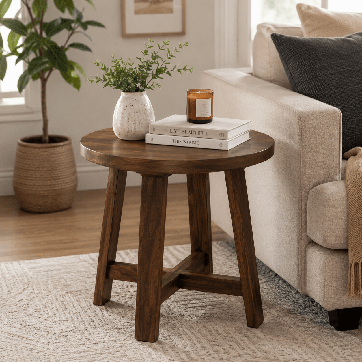 Handcrafted solid acacia wood round accent side table with walnut finish for living room or bedroom by Bombay Home Decor LLC.