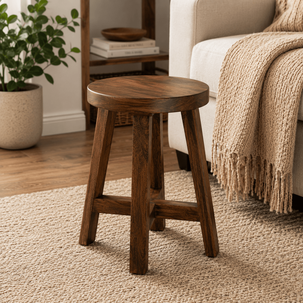 Handcrafted solid acacia wood accent stool with a round wooden seat and walnut finish by Bombay Home Decor LLC.