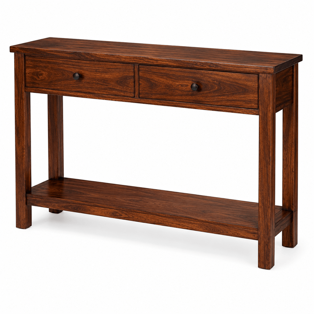 Handcrafted solid acacia wood console table with two drawers, open lower shelf, and walnut finish by Bombay Home Decor LLC.