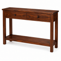Handcrafted solid acacia wood console table with two drawers, open lower shelf, and walnut finish by Bombay Home Decor LLC.
