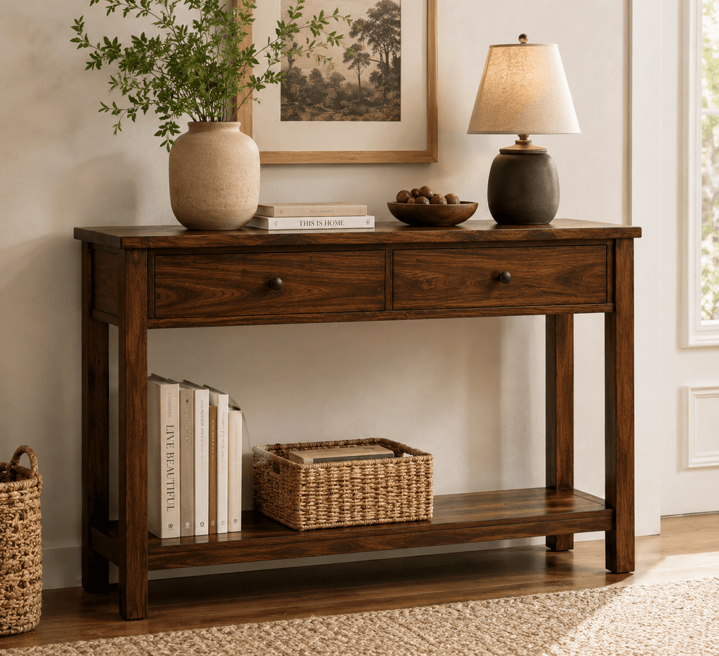 Handcrafted solid acacia wood console table with two drawers, open lower shelf, and walnut finish by Bombay Home Decor LLC.
