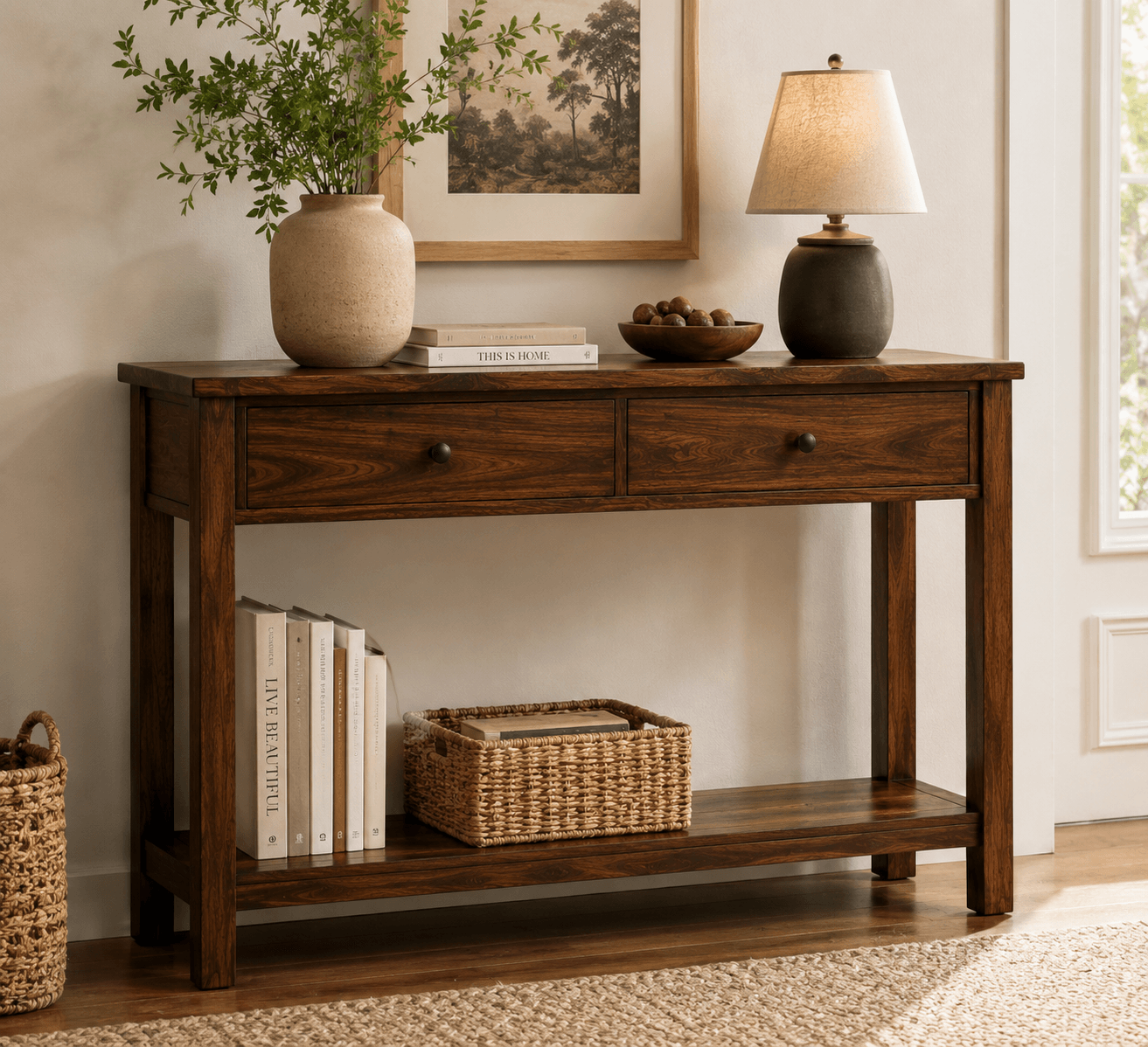 Handcrafted solid acacia wood console table with two drawers, open lower shelf, and walnut finish by Bombay Home Decor LLC.