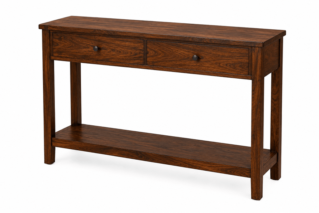 Handcrafted solid acacia wood console table with two drawers, open lower shelf, and walnut finish by Bombay Home Decor LLC.