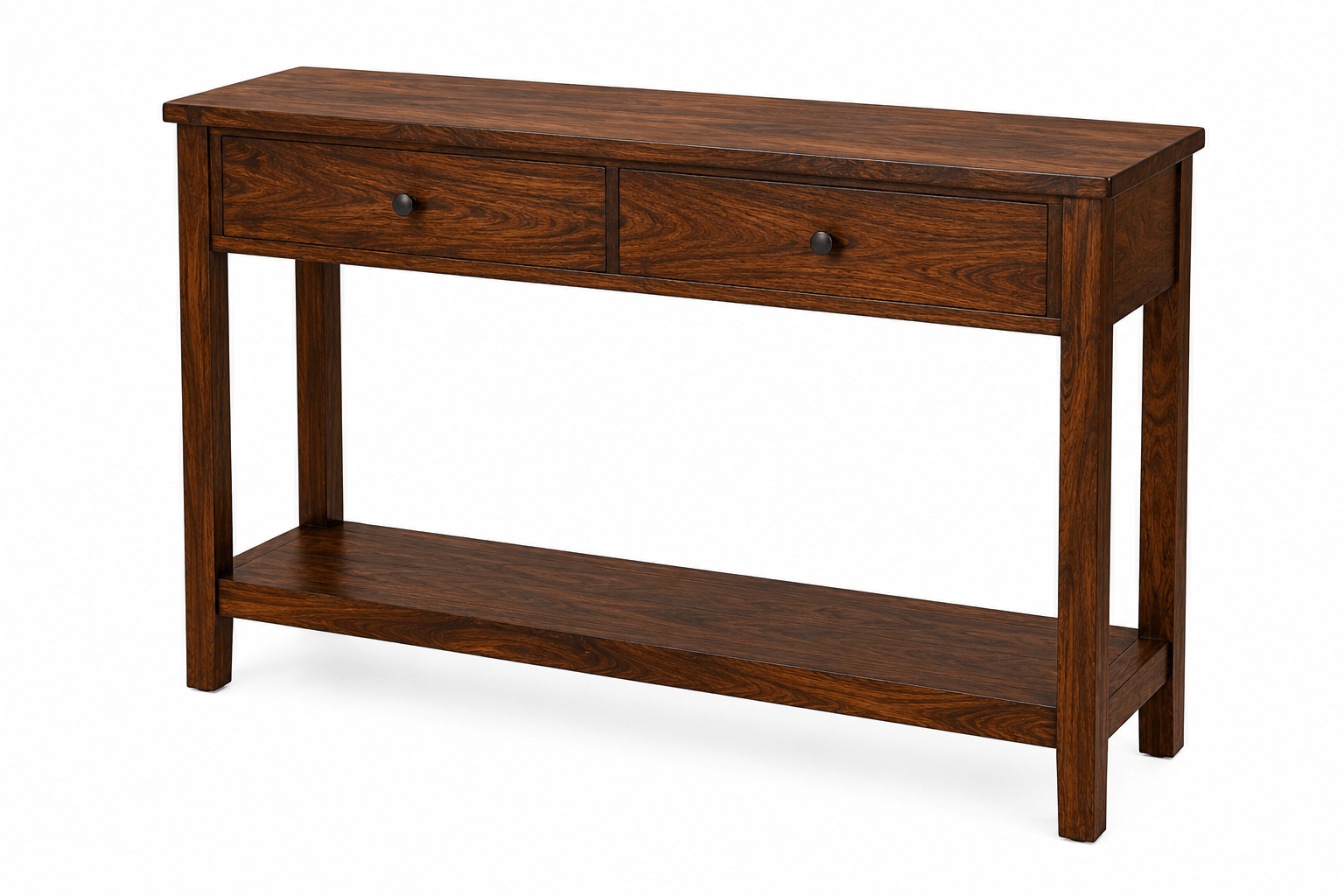 Handcrafted solid acacia wood console table with two drawers, open lower shelf, and walnut finish by Bombay Home Decor LLC.