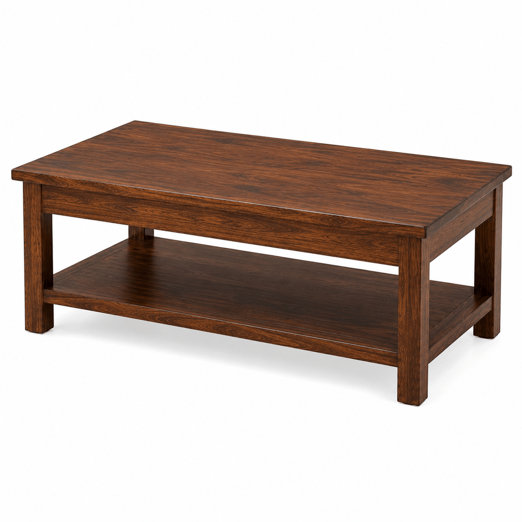 Handcrafted solid acacia wood rectangular coffee table with an open storage shelf and walnut finish by Bombay Home Decor LLC.
