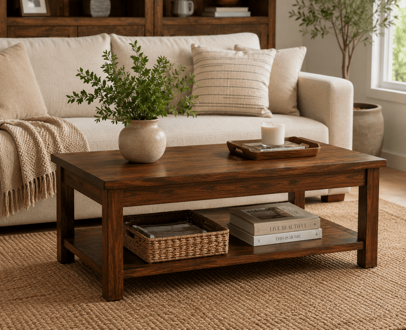 Handcrafted solid acacia wood rectangular coffee table with an open storage shelf and walnut finish by Bombay Home Decor LLC.