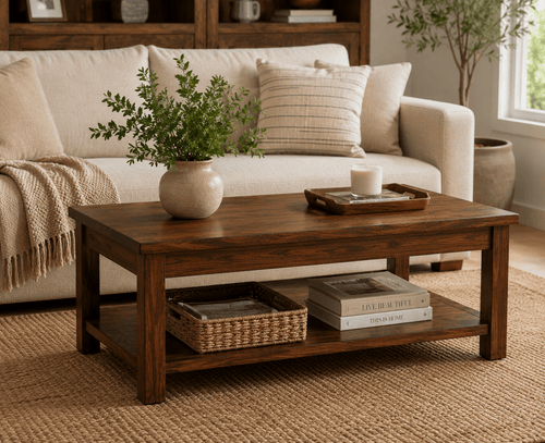 Handcrafted solid acacia wood rectangular coffee table with an open storage shelf and walnut finish by Bombay Home Decor LLC.