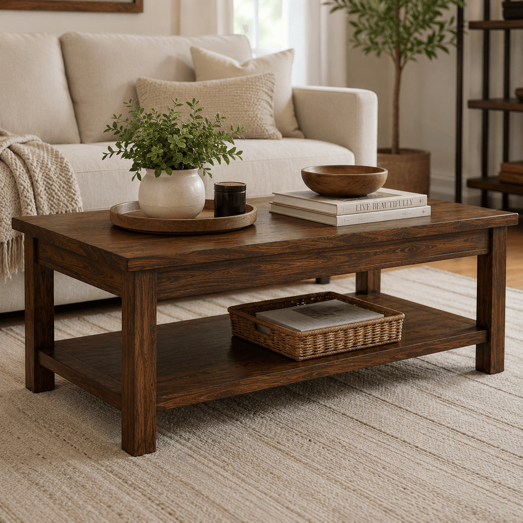Handcrafted solid acacia wood rectangular coffee table with an open storage shelf and walnut finish by Bombay Home Decor LLC.