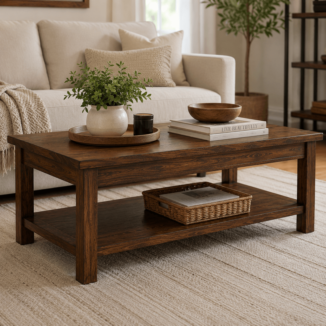 Handcrafted solid acacia wood rectangular coffee table with an open storage shelf and walnut finish by Bombay Home Decor LLC.