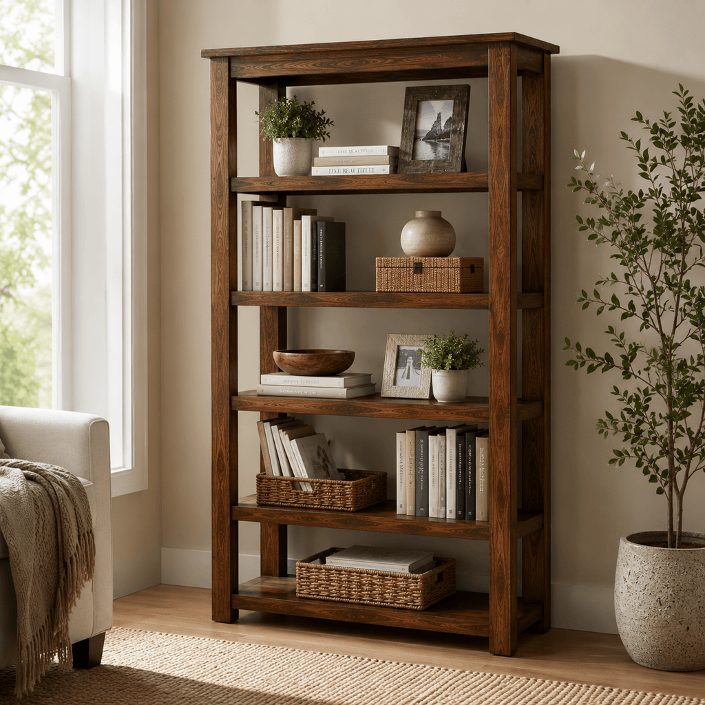 Handcrafted solid acacia wood five shelf bookshelf with a walnut finish by Bombay Home Decor LLC.