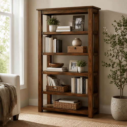 Handcrafted solid acacia wood five shelf bookshelf with a walnut finish by Bombay Home Decor LLC.