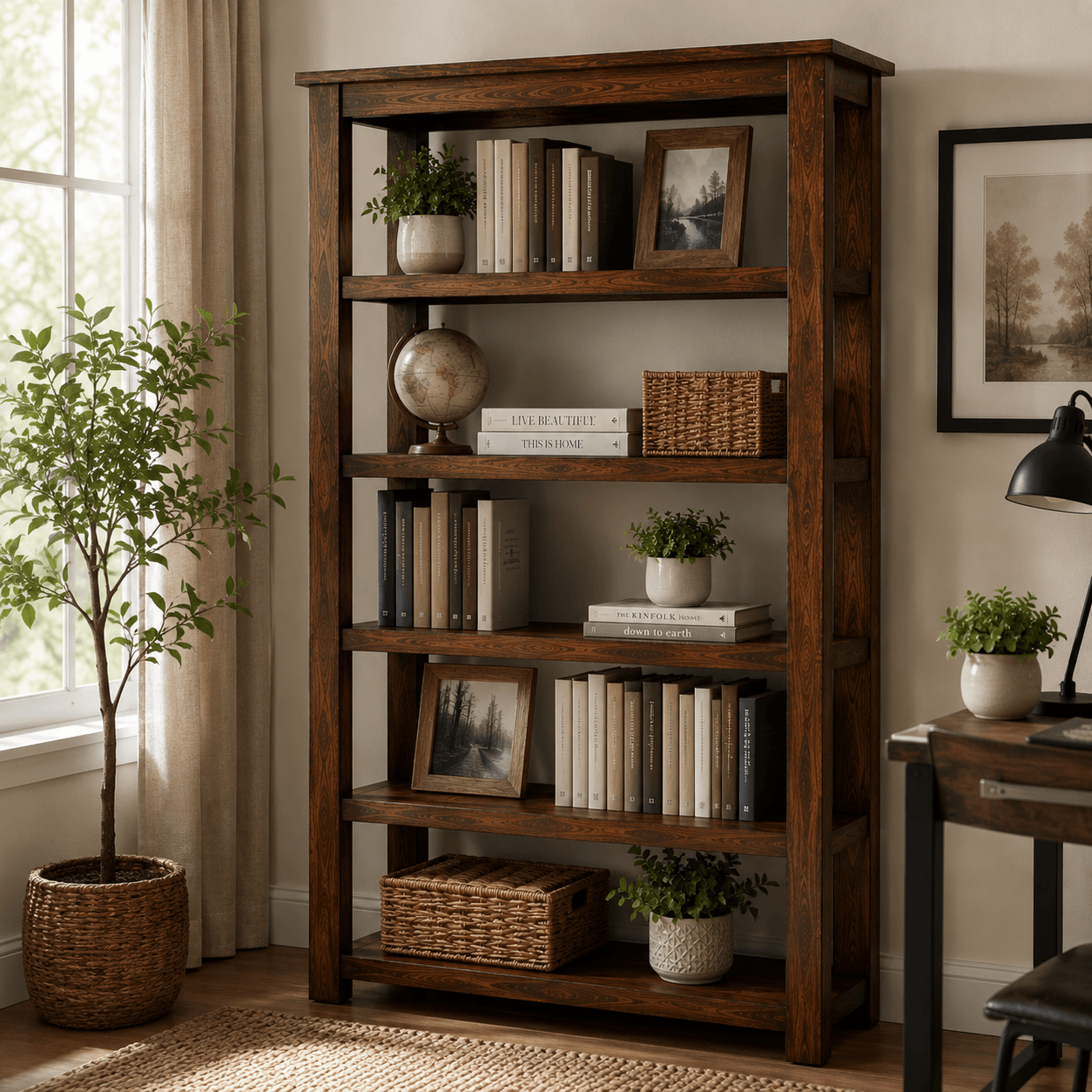Handcrafted solid acacia wood five shelf bookshelf with a walnut finish by Bombay Home Decor LLC.
