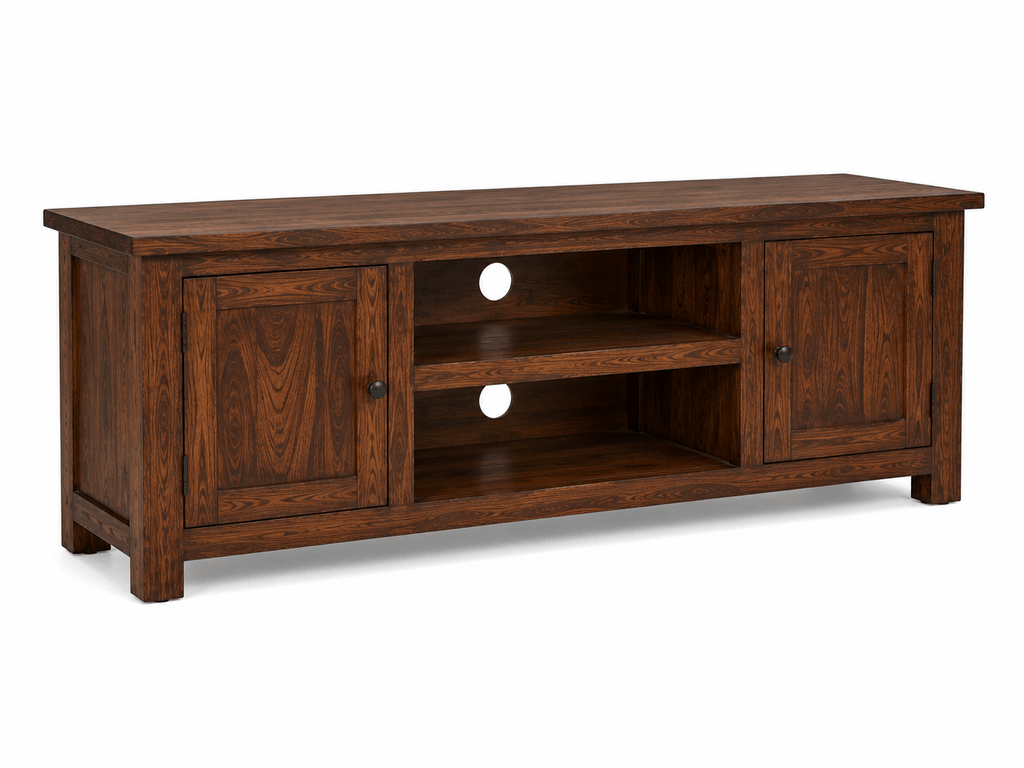 Handcrafted solid acacia wood TV stand with two storage cabinets, open center shelves, and a walnut finish by Bombay Home Decor LLC.
