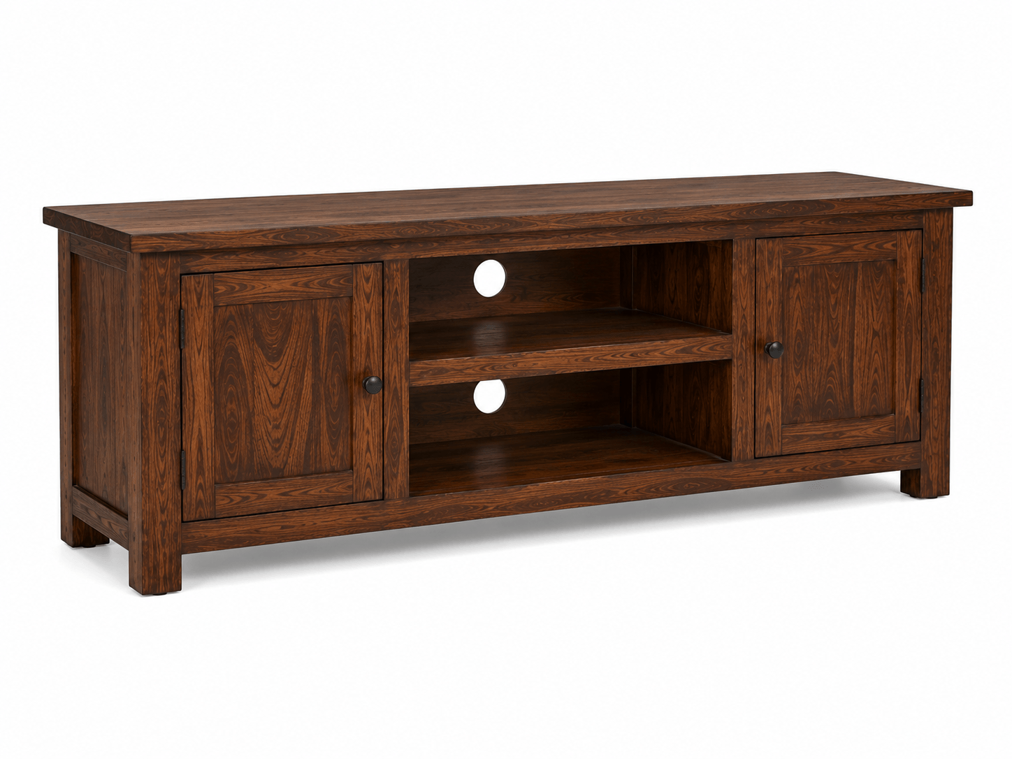 Handcrafted solid acacia wood TV stand with two storage cabinets, open center shelves, and a walnut finish by Bombay Home Decor LLC.
