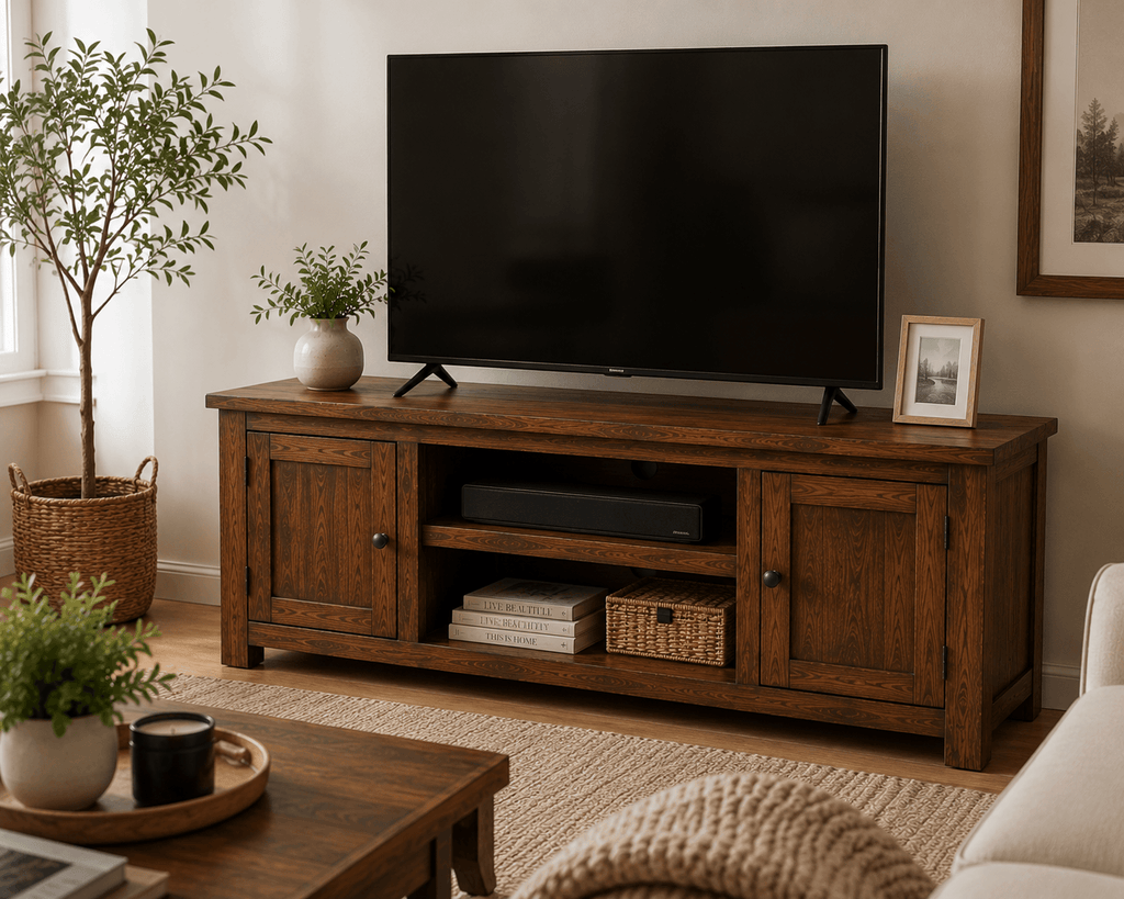 Handcrafted solid acacia wood TV stand with two storage cabinets, open center shelves, and a walnut finish by Bombay Home Decor LLC.