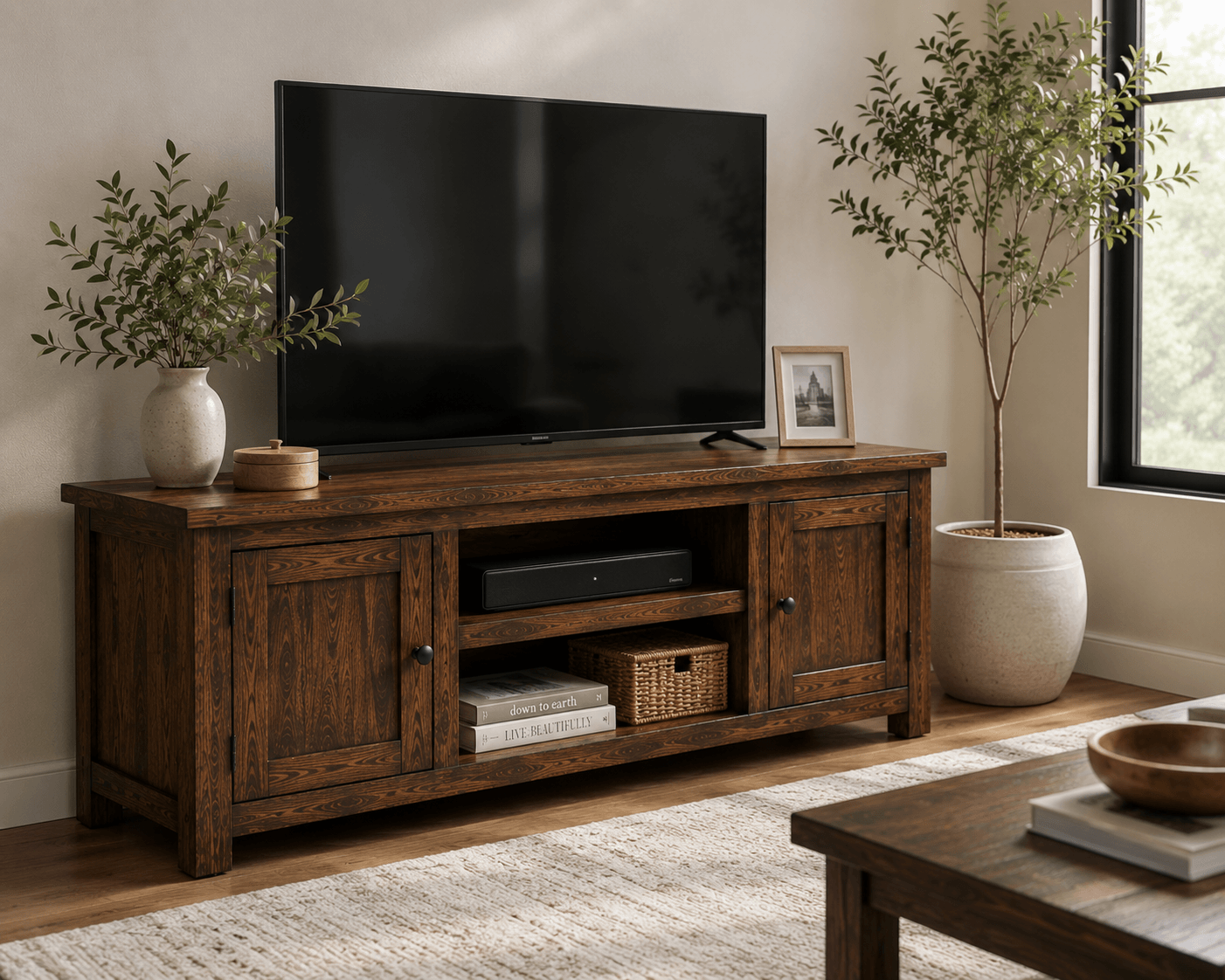 Handcrafted solid acacia wood TV stand with two storage cabinets, open center shelves, and a walnut finish by Bombay Home Decor LLC.