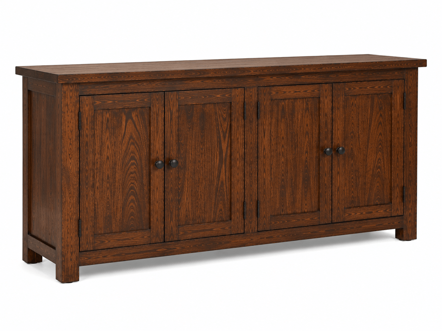 Handcrafted solid acacia wood sideboard cabinet with four doors, adjustable shelving, and a walnut finish by Bombay Home Decor LLC.