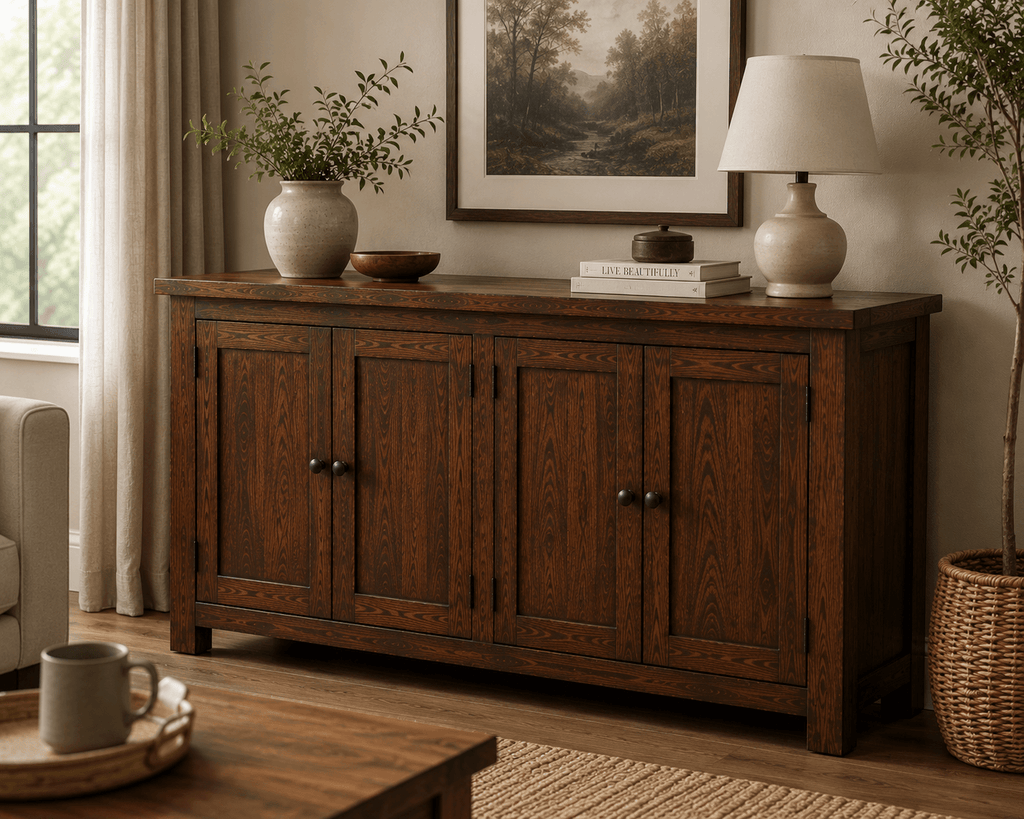 Handcrafted solid acacia wood sideboard cabinet with four doors, adjustable shelving, and a walnut finish by Bombay Home Decor LLC.