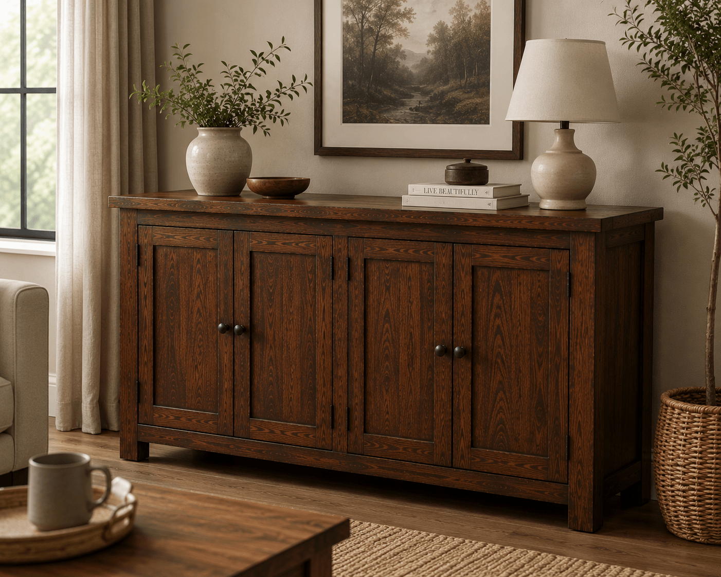 Handcrafted solid acacia wood sideboard cabinet with four doors, adjustable shelving, and a walnut finish by Bombay Home Decor LLC.