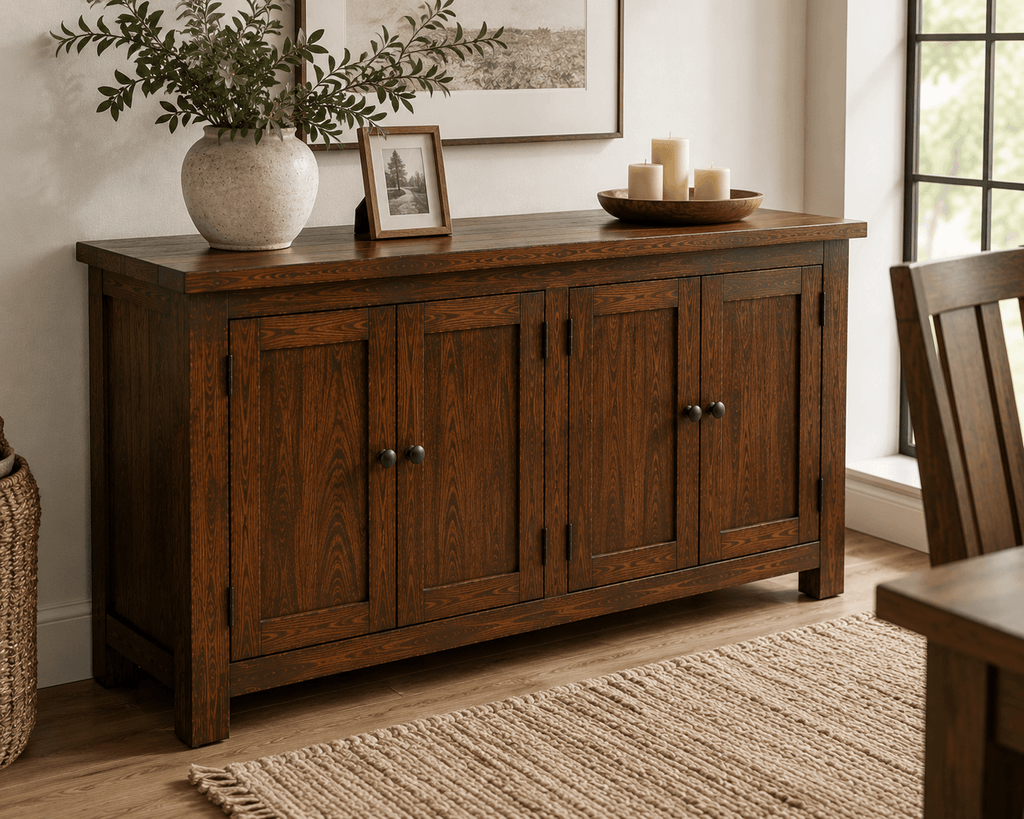 Handcrafted solid acacia wood sideboard cabinet with four doors, adjustable shelving, and a walnut finish by Bombay Home Decor LLC.