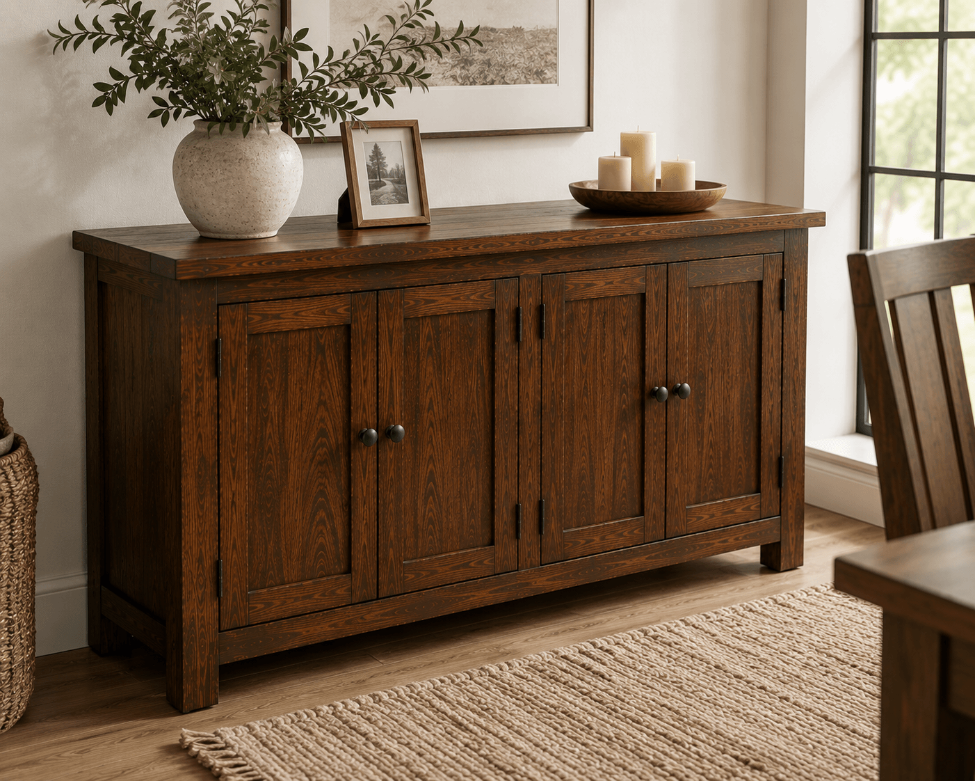 Handcrafted solid acacia wood sideboard cabinet with four doors, adjustable shelving, and a walnut finish by Bombay Home Decor LLC.